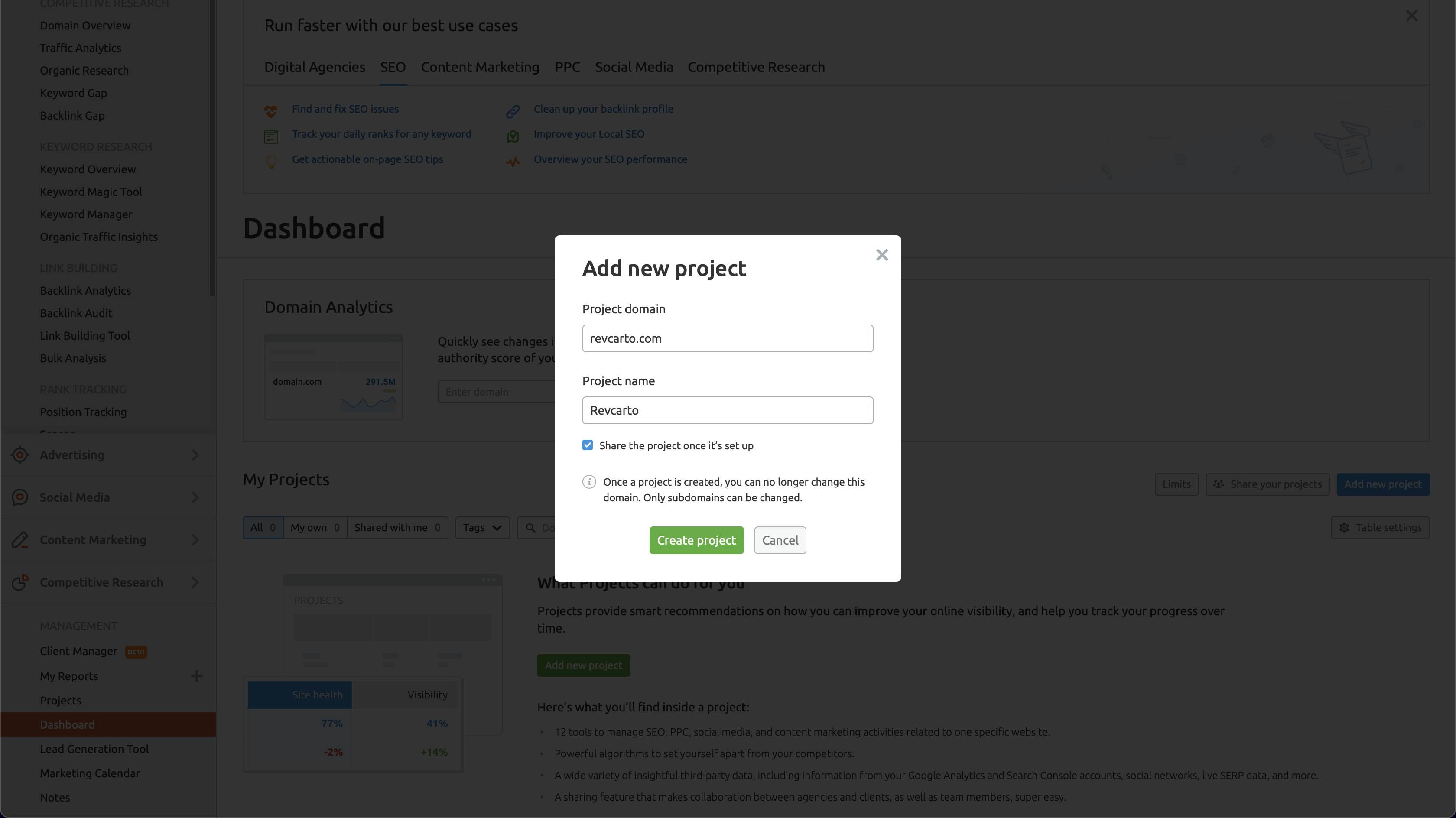 Create a New SEMrush Project