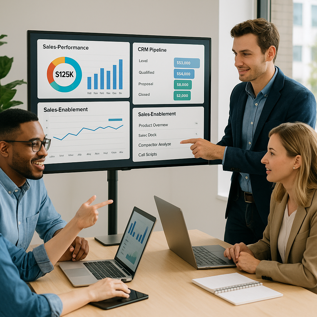 A modern sales team collaborating around a digital